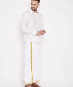 Vastramay Men's White Silk Blend Shirt And Mundu Set Pongal
