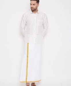 Vastramay Men's White Silk Blend Shirt And Mundu Set Pongal