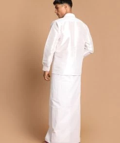 VASTRAMAY Men's White Silk Blend Shirt And Mundu Set