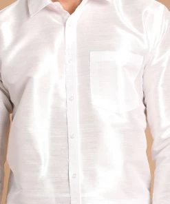 VASTRAMAY Men's White Silk Blend Shirt And Mundu Set