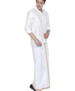 Vastramay Men's White Cotton Silk Blend Shirt And Dhoti Set Rakhi