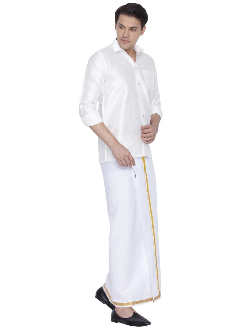 Vastramay Men's White Cotton Silk Blend Shirt And Dhoti Set Rakhi 4 Vastramay Men's White Cotton Silk Blend Shirt And Dhoti Set Rakhi