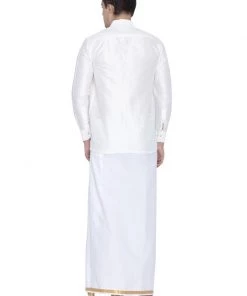 Vastramay Men's White Cotton Silk Blend Shirt And Dhoti Set Rakhi 10 Vastramay Men's White Cotton Silk Blend Shirt And Dhoti Set Rakhi