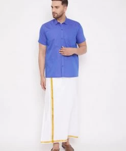 VASTRAMAY Men's Blue And White Cotton Blend Shirt And Mundu Set Buy 1 Get 1