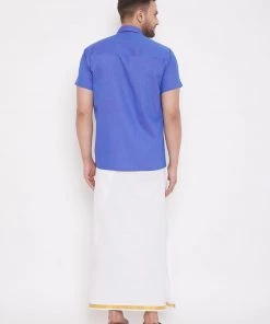 Vastramay Blue And White Cotton Blend Baap Beta Ethnic Shirt And Mundu Set Shirt Mundu Set