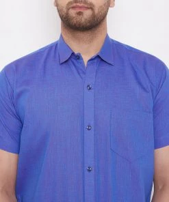 VASTRAMAY Men's Blue And White Cotton Blend Shirt And Mundu Set Buy 1 Get 1