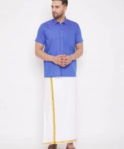 VASTRAMAY Men's Blue And White Cotton Blend Shirt And Mundu Set Buy 1 Get 1