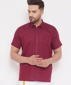 VASTRAMAY Men's Maroon Cotton Blend Ethnic Shirt