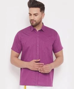 VASTRAMAY Men's Pink Cotton Blend Ethnic Shirt