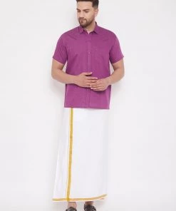 VASTRAMAY Men's Pink And White Cotton Blend Shirt And Mundu Set Buy 1 Get 1