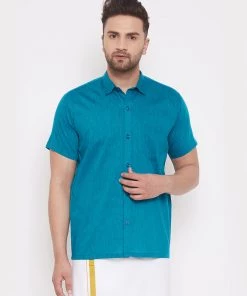 VASTRAMAY Men's Turquoise Cotton Blend Ethnic Shirt