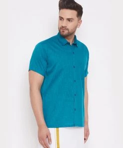 Vastramay Turquoise Cotton Blend Baap Beta Ethnic Shirt