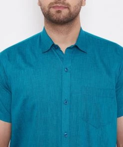 VASTRAMAY Men's Turquoise Cotton Blend Ethnic Shirt
