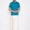 Buy 1 Get 1 VASTRAMAY Men's Turquoise And White Cotton Blend Shirt And Mundu Set