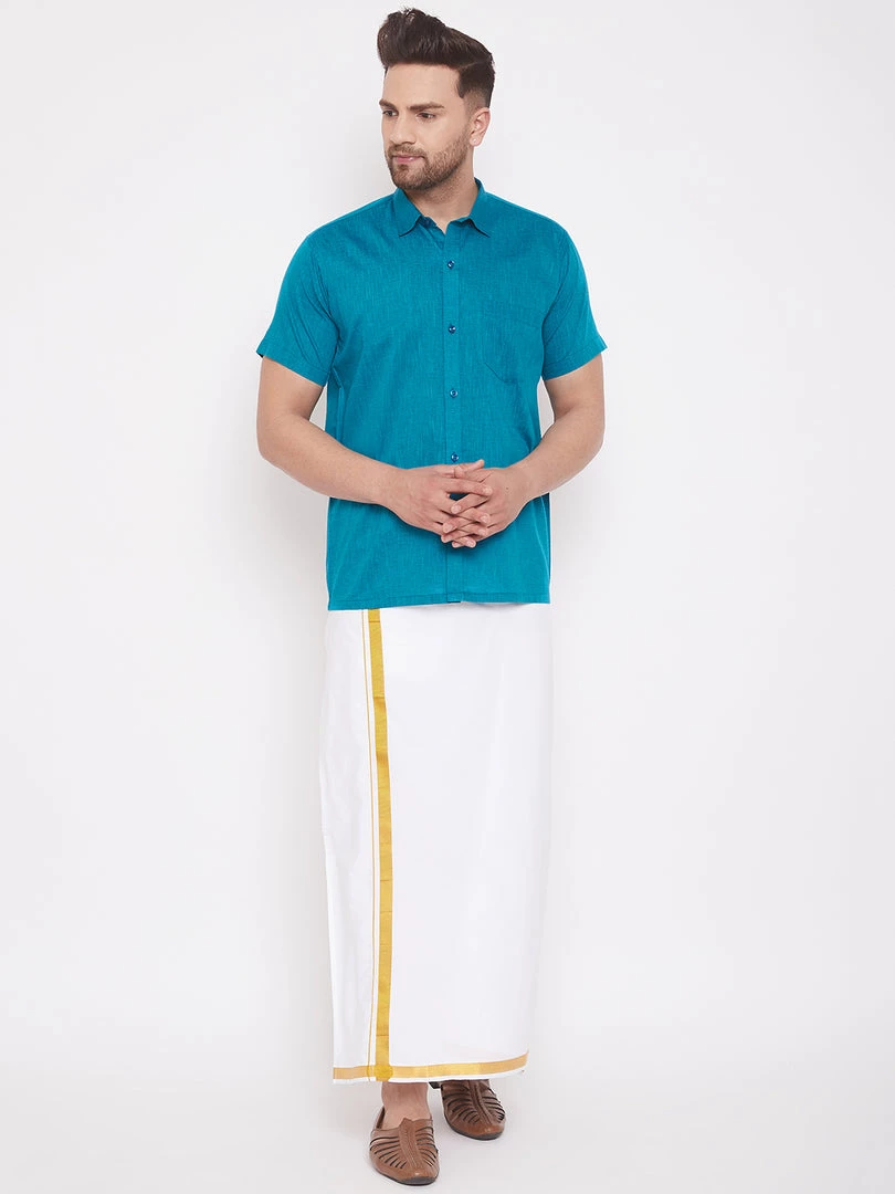 Buy 1 Get 1 VASTRAMAY Men's Turquoise And White Cotton Blend Shirt And Mundu Set 3 Buy 1 Get 1 VASTRAMAY Men's Turquoise And White Cotton Blend Shirt And Mundu Set