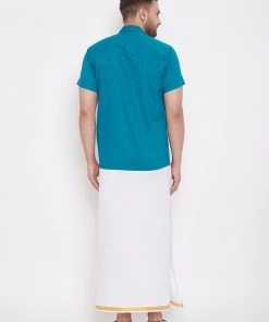 Buy 1 Get 1 VASTRAMAY Men's Turquoise And White Cotton Blend Shirt And Mundu Set 11 Buy 1 Get 1 VASTRAMAY Men's Turquoise And White Cotton Blend Shirt And Mundu Set