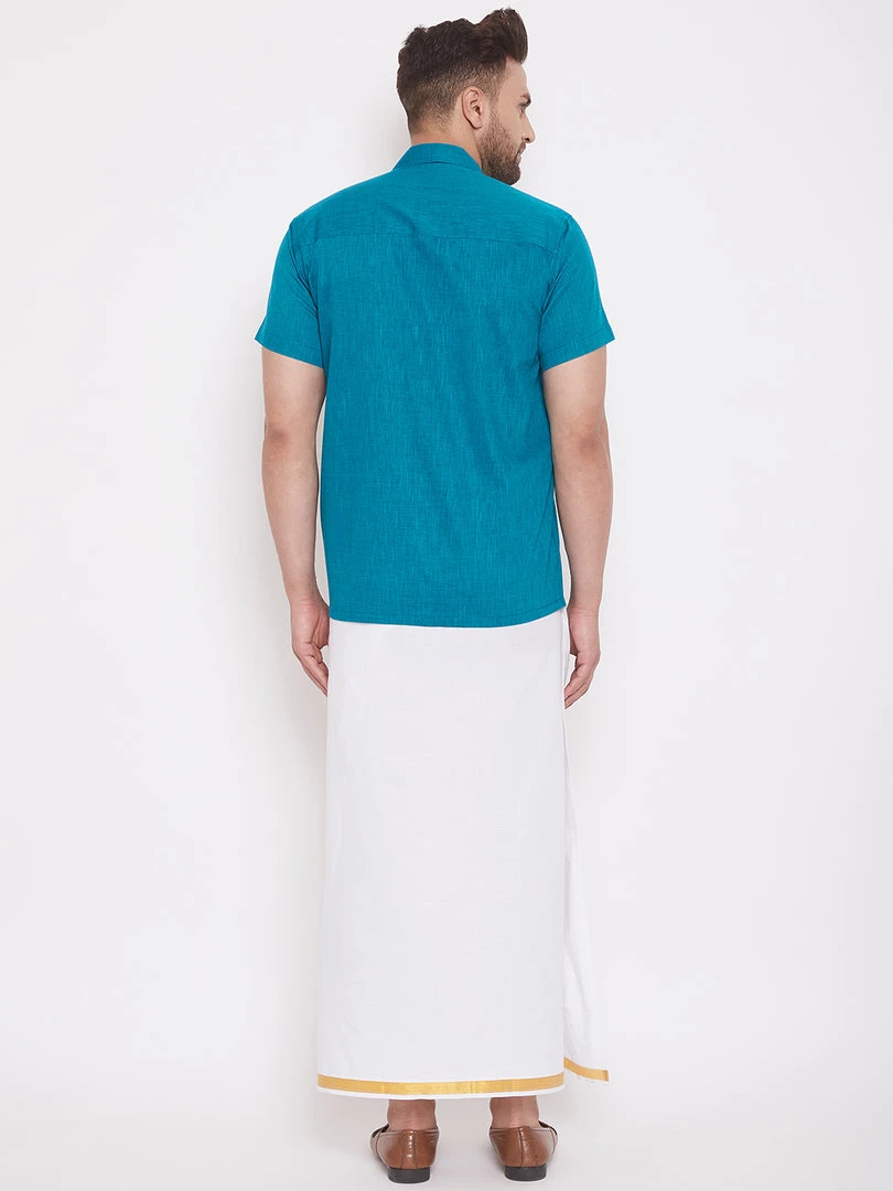 Buy 1 Get 1 VASTRAMAY Men's Turquoise And White Cotton Blend Shirt And Mundu Set 5 Buy 1 Get 1 VASTRAMAY Men's Turquoise And White Cotton Blend Shirt And Mundu Set