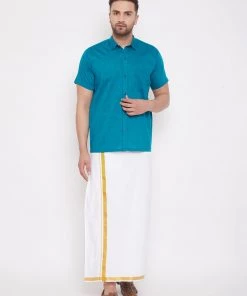 Buy 1 Get 1 VASTRAMAY Men's Turquoise And White Cotton Blend Shirt And Mundu Set 14 Buy 1 Get 1 VASTRAMAY Men's Turquoise And White Cotton Blend Shirt And Mundu Set