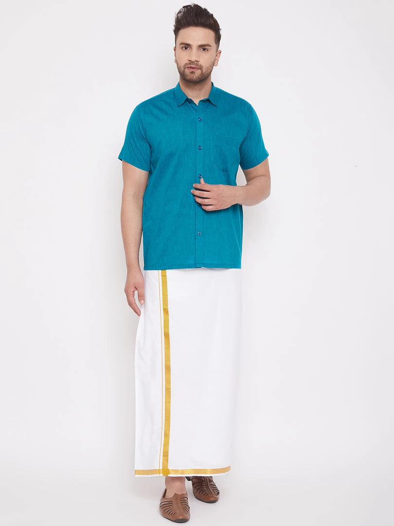 Buy 1 Get 1 VASTRAMAY Men's Turquoise And White Cotton Blend Shirt And Mundu Set 8 Buy 1 Get 1 VASTRAMAY Men's Turquoise And White Cotton Blend Shirt And Mundu Set