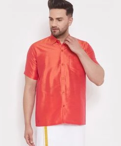 VASTRAMAY Men's Red Silk Blend Ethnic Shirt