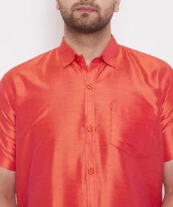VASTRAMAY Men's Red Silk Blend Ethnic Shirt