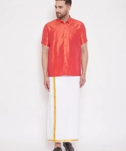 VASTRAMAY Men's Red Silk Blend Ethnic Shirt