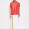 VASTRAMAY Men's Red And White Silk Blend Shirt And Mundu Set Buy 1 Get 1
