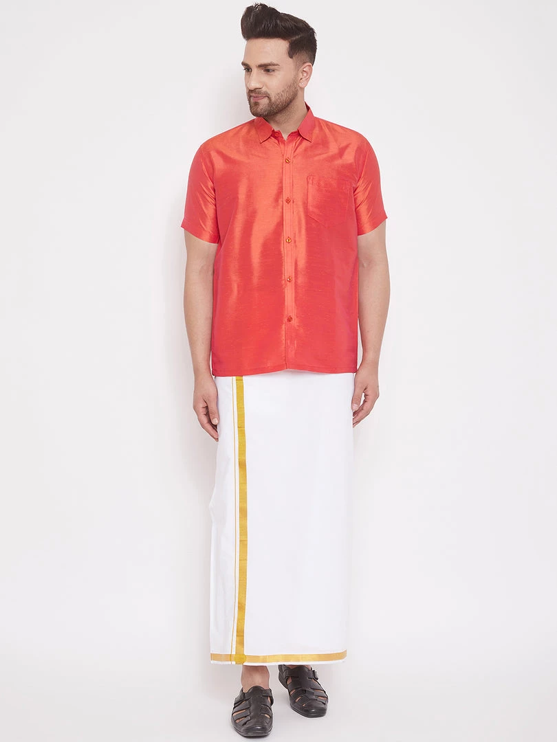 VASTRAMAY Men's Red And White Silk Blend Shirt And Mundu Set Buy 1 Get 1 3 VASTRAMAY Men's Red And White Silk Blend Shirt And Mundu Set Buy 1 Get 1