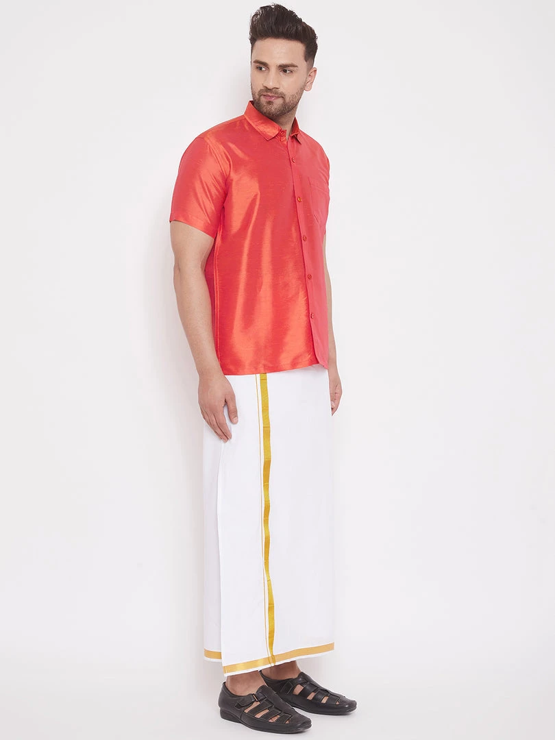 VASTRAMAY Men's Red And White Silk Blend Shirt And Mundu Set Buy 1 Get 1 4 VASTRAMAY Men's Red And White Silk Blend Shirt And Mundu Set Buy 1 Get 1