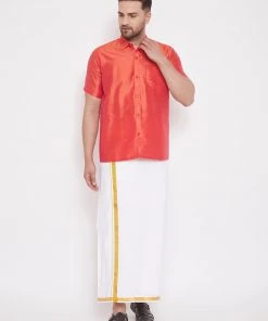 VASTRAMAY Men's Red And White Silk Blend Shirt And Mundu Set Buy 1 Get 1 14 VASTRAMAY Men's Red And White Silk Blend Shirt And Mundu Set Buy 1 Get 1