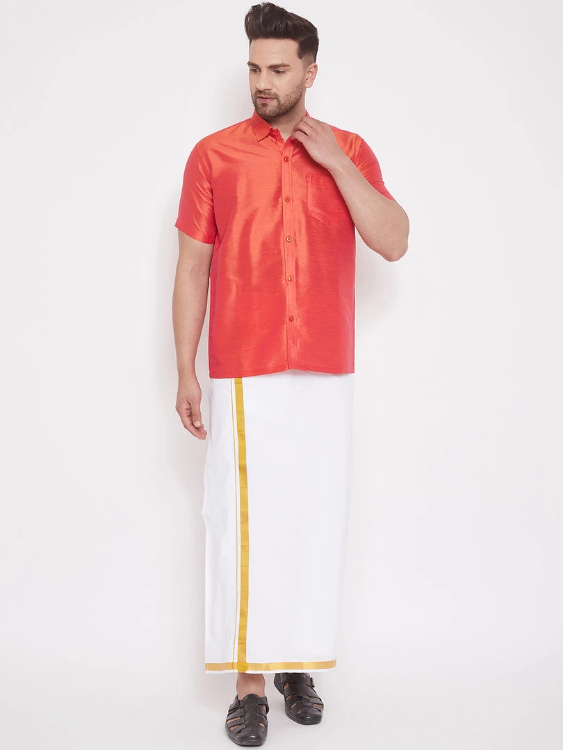 VASTRAMAY Men's Red And White Silk Blend Shirt And Mundu Set Buy 1 Get 1 8 VASTRAMAY Men's Red And White Silk Blend Shirt And Mundu Set Buy 1 Get 1
