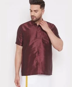 VASTRAMAY Men's Wine Silk Blend Ethnic Shirt