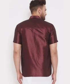 VASTRAMAY Men's Wine Silk Blend Ethnic Shirt