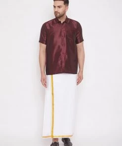 VASTRAMAY Men's Wine Silk Blend Ethnic Shirt