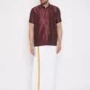 VASTRAMAY Men's Wine And White Silk Blend Shirt And Mundu Set Buy 1 Get 1 1 VASTRAMAY Men's Wine And White Silk Blend Shirt And Mundu Set Buy 1 Get 1