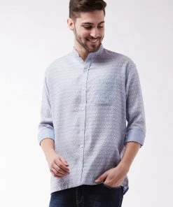 VASTRAMAY Men's Lavender Blue Silk Blend Ethnic Shirt