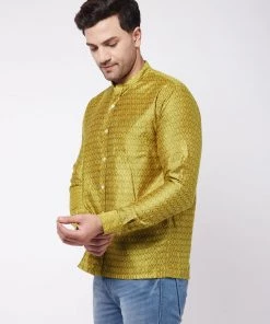 VASTRAMAY Men's Yellow Silk Blend Ethnic Shirt