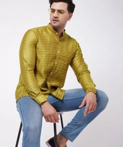 VASTRAMAY Men's Yellow Silk Blend Ethnic Shirt