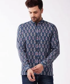 VASTRAMAY Men's Multicolour-Base-Grey Cotton Blend Ethnic Shirt