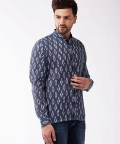 VASTRAMAY Men's Multicolour-Base-Grey Cotton Blend Ethnic Shirt