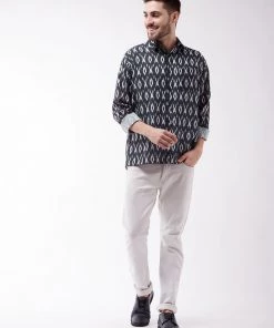 VASTRAMAY Men's Black Cotton Blend Ethnic Shirt