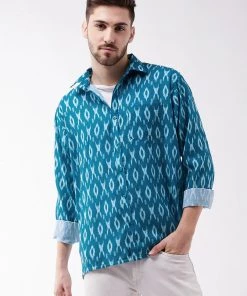 VASTRAMAY Men's Turquoise Cotton Blend Ethnic Shirt