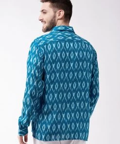 VASTRAMAY Men's Turquoise Cotton Blend Ethnic Shirt