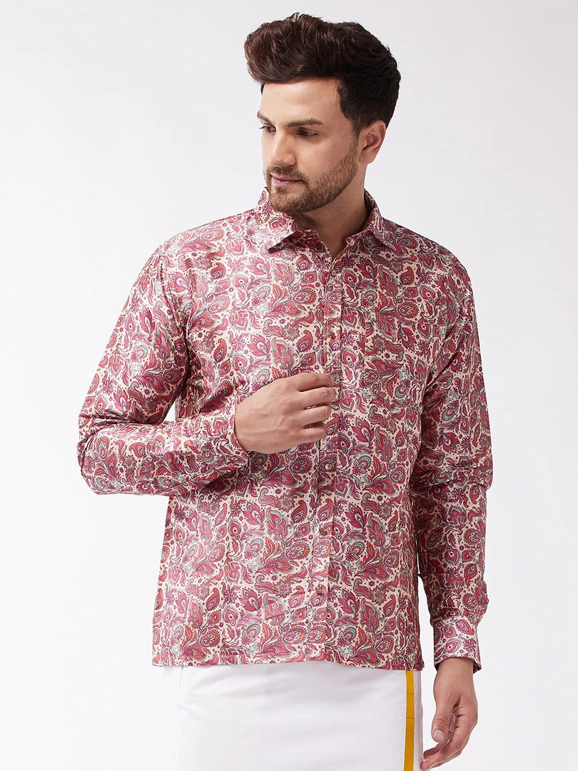 VASTRAMAY Men's Multicolour-Base-Pink Silk Blend Ethnic Shirt 3 VASTRAMAY Men's Multicolour-Base-Pink Silk Blend Ethnic Shirt