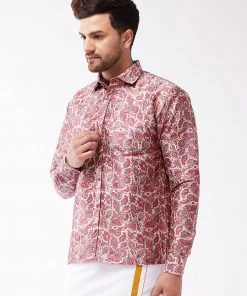 VASTRAMAY Men's Multicolour-Base-Pink Silk Blend Ethnic Shirt