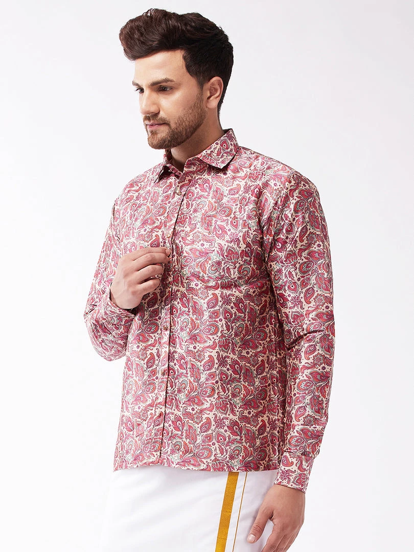 VASTRAMAY Men's Multicolour-Base-Pink Silk Blend Ethnic Shirt 4 VASTRAMAY Men's Multicolour-Base-Pink Silk Blend Ethnic Shirt