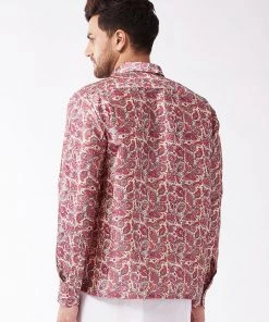 VASTRAMAY Men's Multicolour-Base-Pink Silk Blend Ethnic Shirt 10 VASTRAMAY Men's Multicolour-Base-Pink Silk Blend Ethnic Shirt