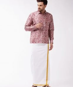 Pongal VASTRAMAY Men's Multicolour-Base-Pink And White Silk Blend Shirt And Mundu Set