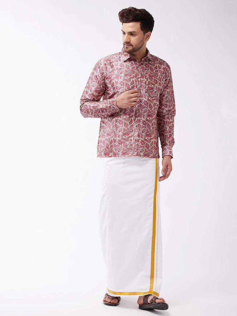 Pongal VASTRAMAY Men's Multicolour-Base-Pink And White Silk Blend Shirt And Mundu Set 3 Pongal VASTRAMAY Men's Multicolour-Base-Pink And White Silk Blend Shirt And Mundu Set