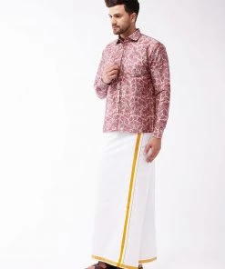 Pongal VASTRAMAY Men's Multicolour-Base-Pink And White Silk Blend Shirt And Mundu Set